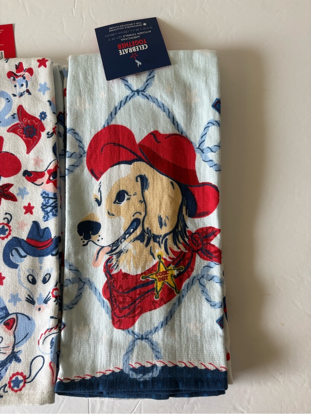 Kitchen Towels Americana Western Dog Animals Cats Cowboy Hats 2 Sets NEW - Picture 3 of 6